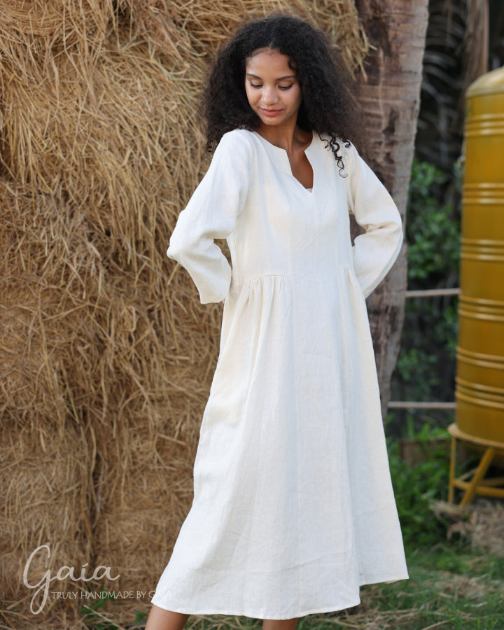 Linen V-neck midi dress with sleeves SELINA