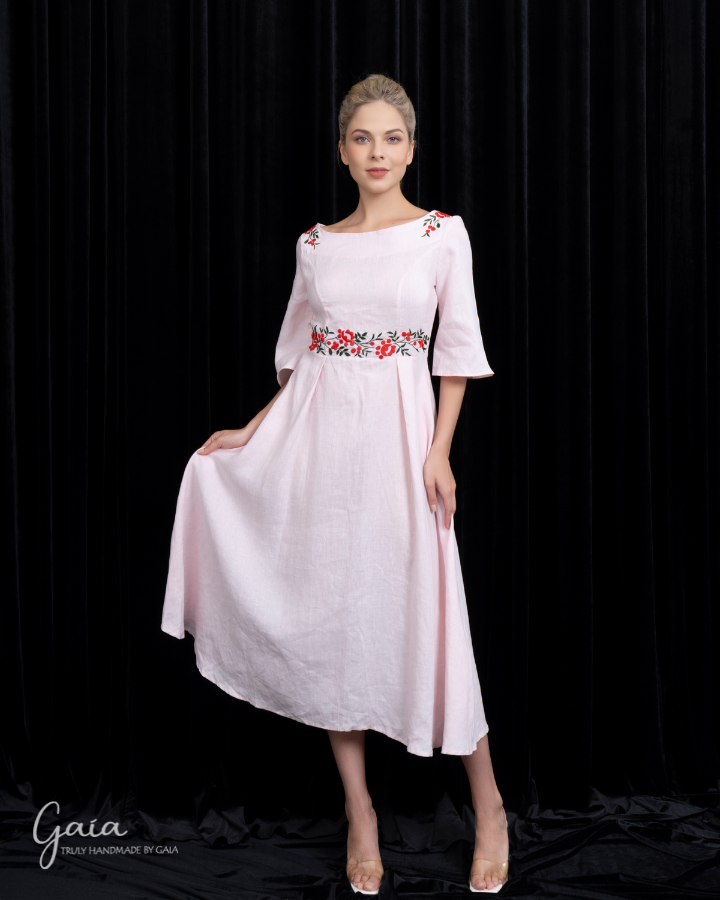 Linen wedding dress with floral embroidery ROSE
