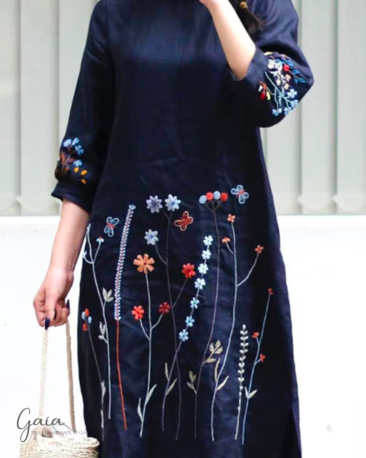 Navy Linen Dress with Handmade Embroidery Noah Navy Linen Dress with Handmade Embroidery Noah