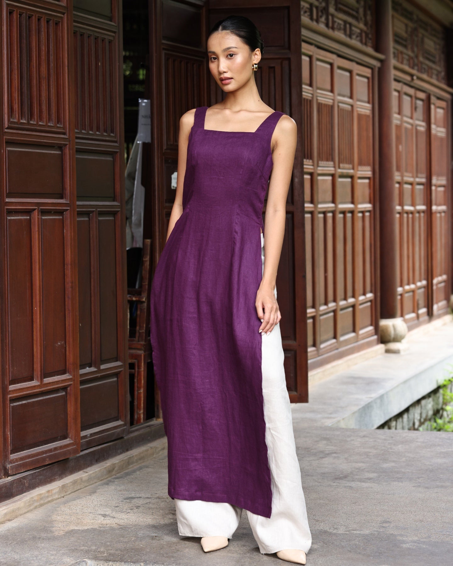linen dress purple Purple ao dai linen dress LA-W69 Set ao dai & pants