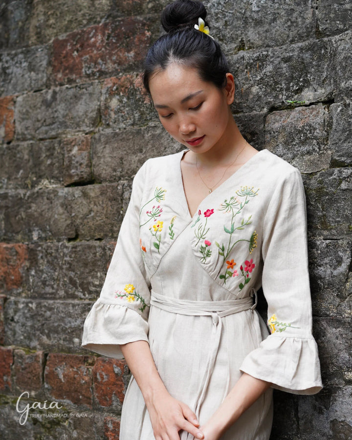 Beige linen dress with handmade embroidery 