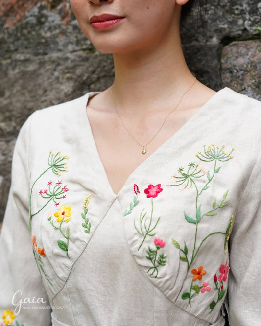 Beige linen dress with handmade embroidery 