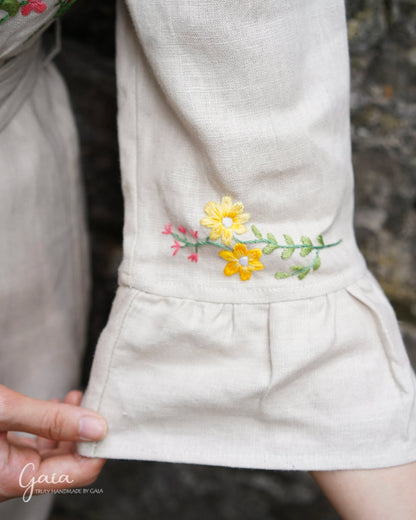 Beige linen dress with handmade embroidery 