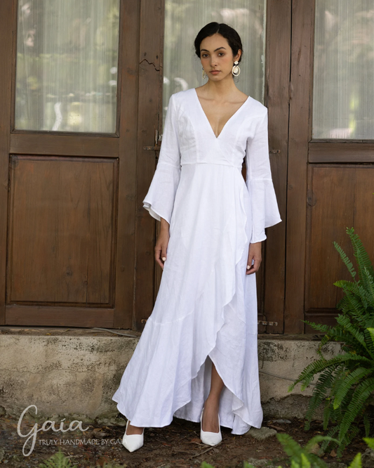 Casual linen wedding gown V-neck