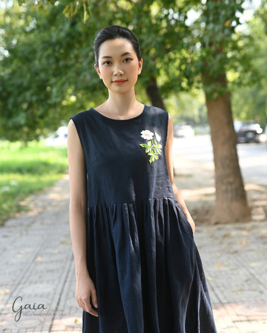 Casual linen midi dress with handmade embroidery