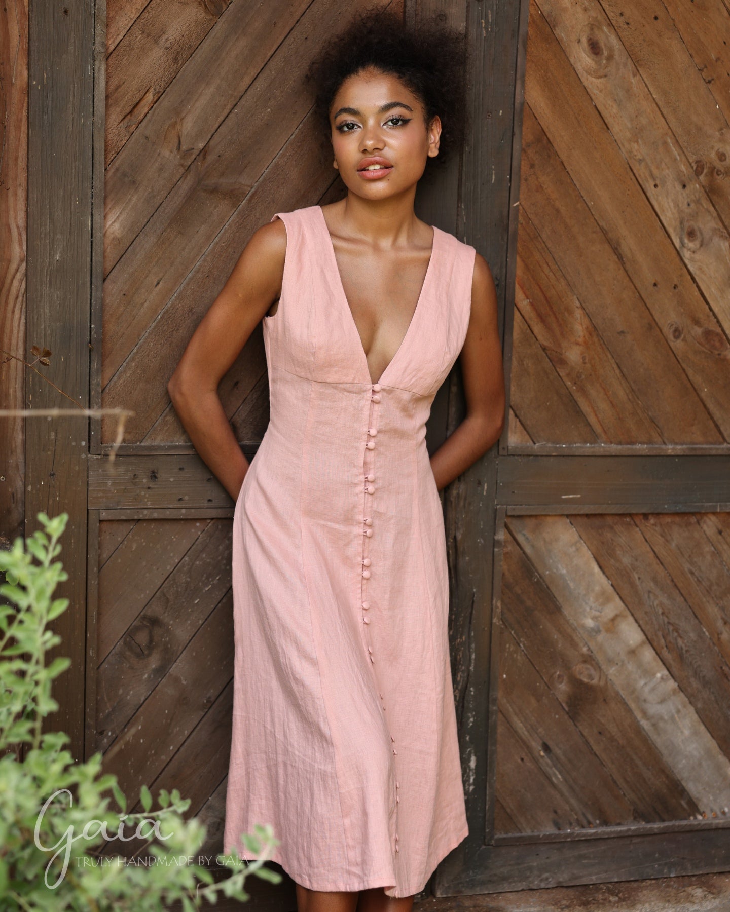 Deep V-neck linen dress