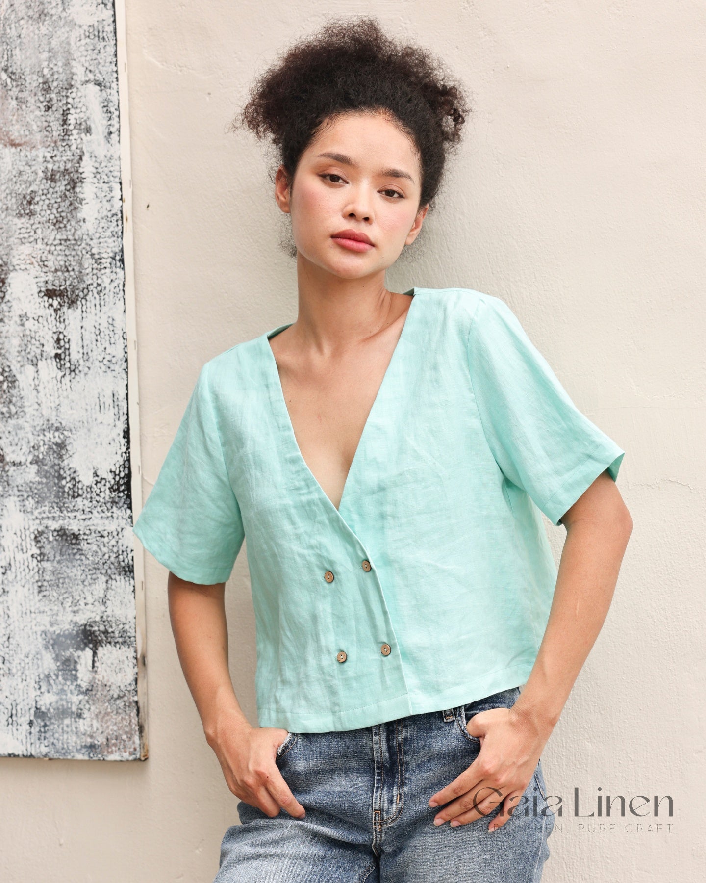 Double-breasted linen blouse