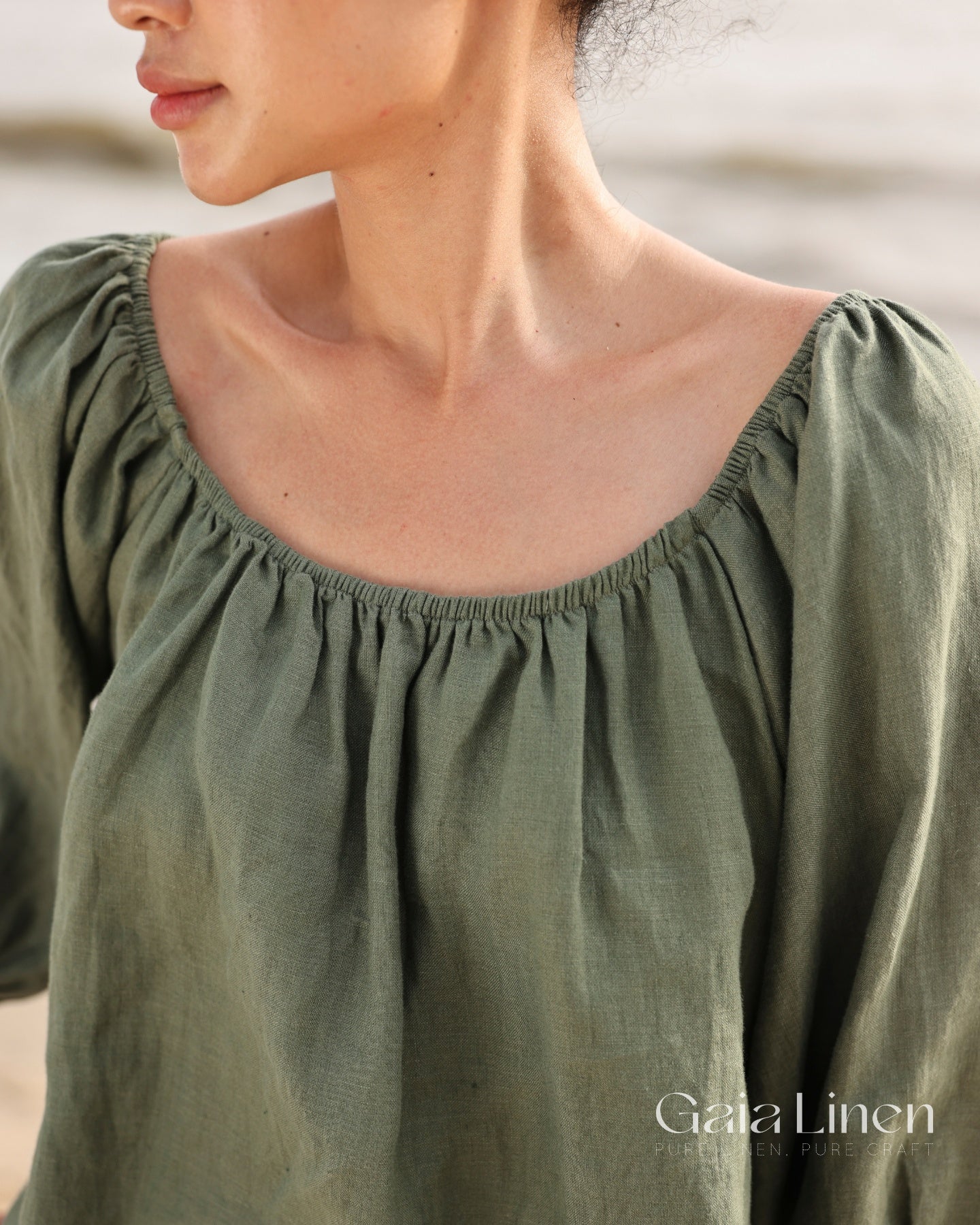 Elastic shoulder linen top