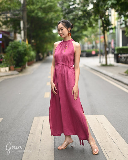 Halter neck linen dress with handmade embroidery