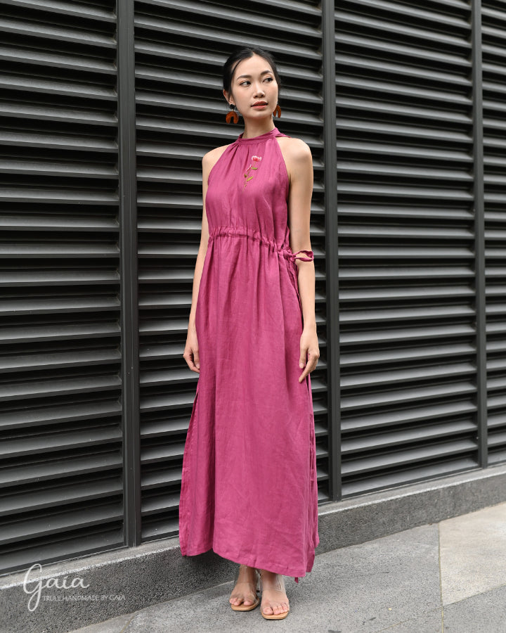 Halter neck linen dress with handmade embroidery