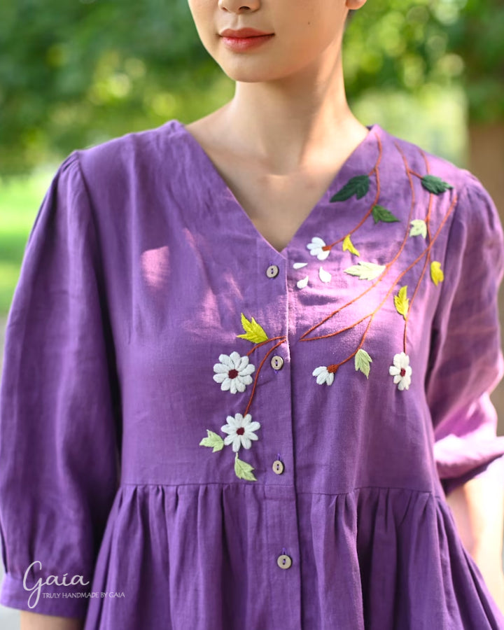 Hand embroidered a line linen dress