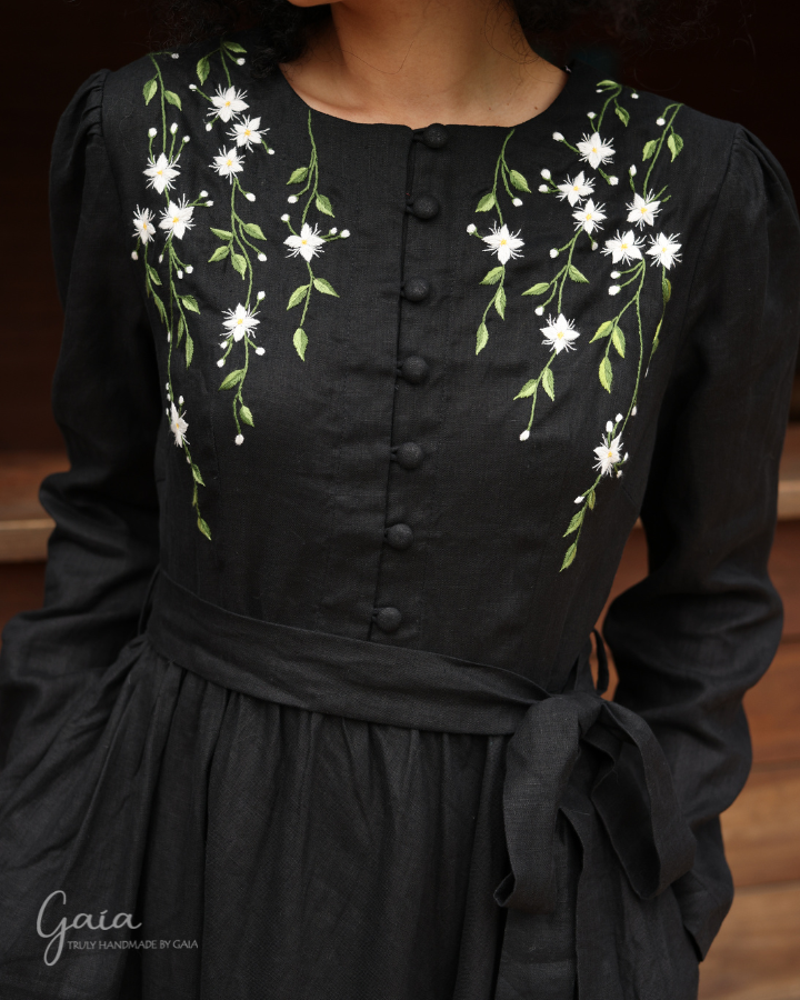 Hand-embroidered black linen dress