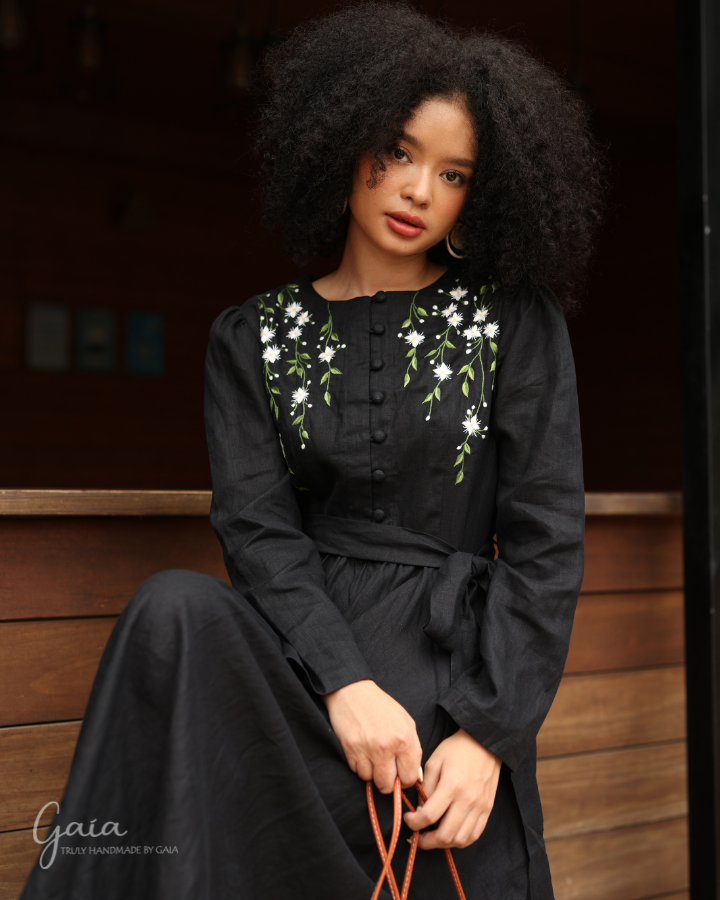 Hand-embroidered black linen dress