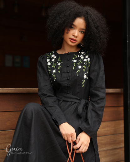 Hand-embroidered black linen dress