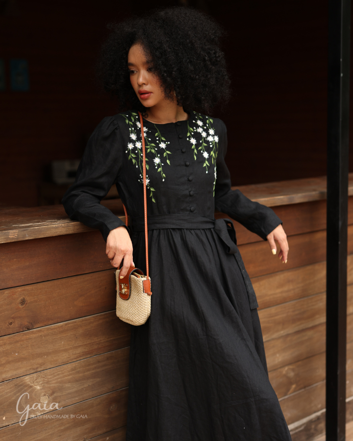 Hand-embroidered Black linen dress ISLA Hand-embroidered Black linen dress ISLA