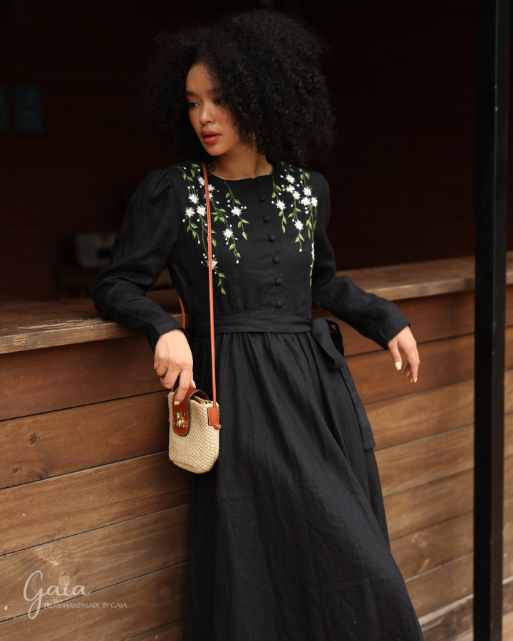 Hand-embroidered black linen dress