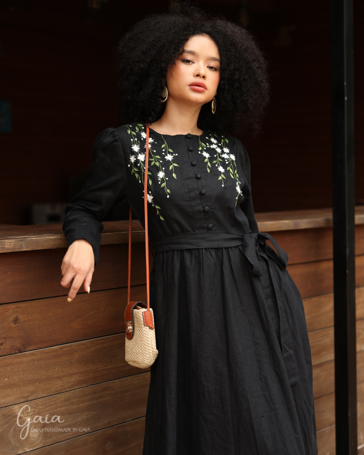 Hand-embroidered black linen dress