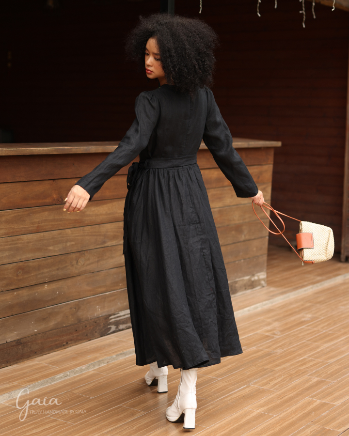 Hand-embroidered Black linen dress ISLA Hand-embroidered Black linen dress ISLA