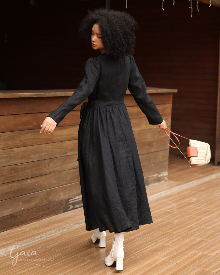 Hand-embroidered black linen dress