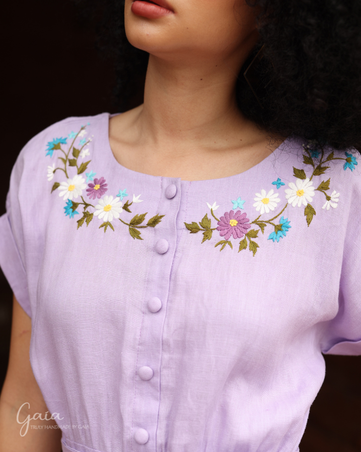 Hand-embroidered floral dress long