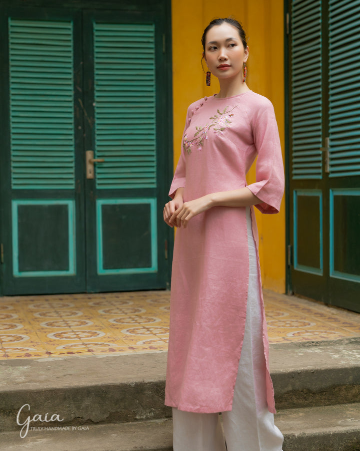 Hand-embroidered linen Ao Dai Vietnamese dress