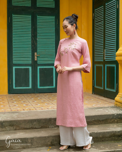 Hand-embroidered linen Ao Dai Vietnamese dress