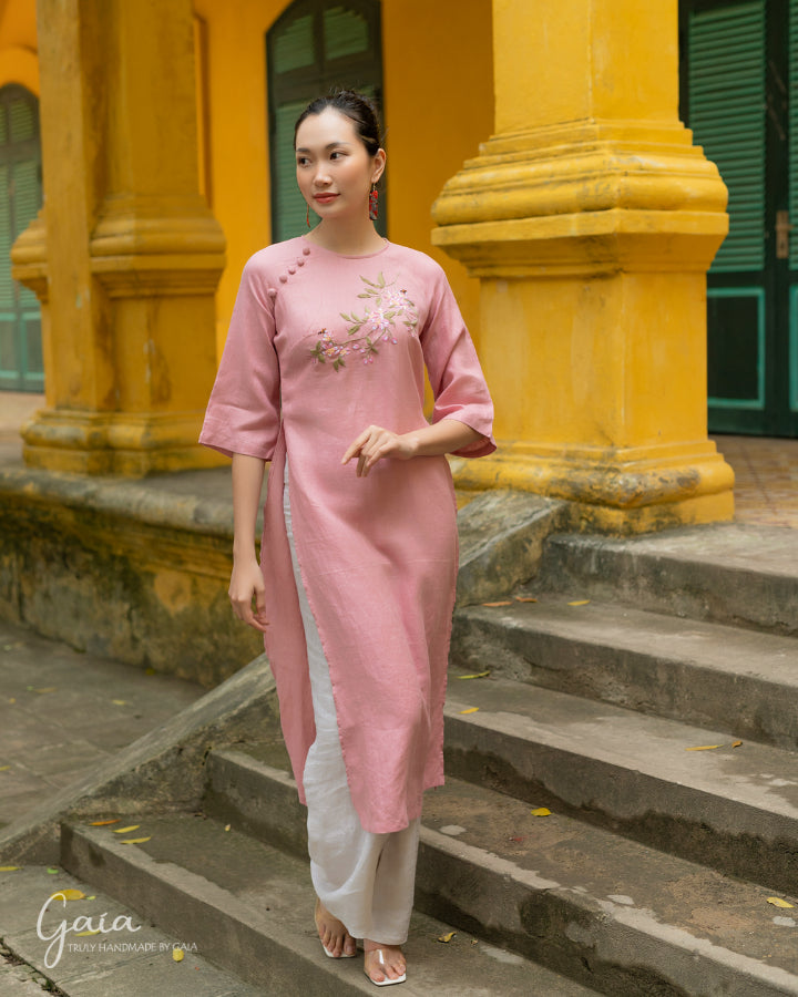 Hand-embroidered linen Ao Dai Vietnamese dress