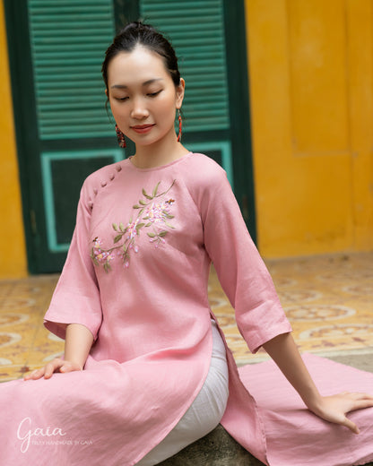 Hand-embroidered linen Ao Dai Vietnamese dress