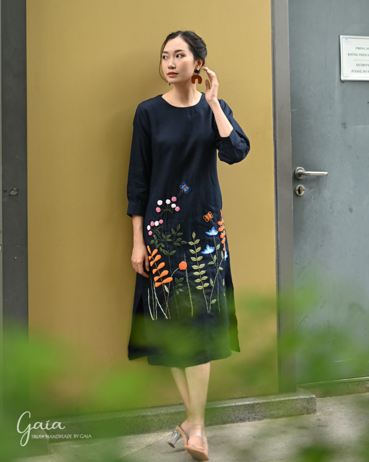 Hand embroidered linen boho dress