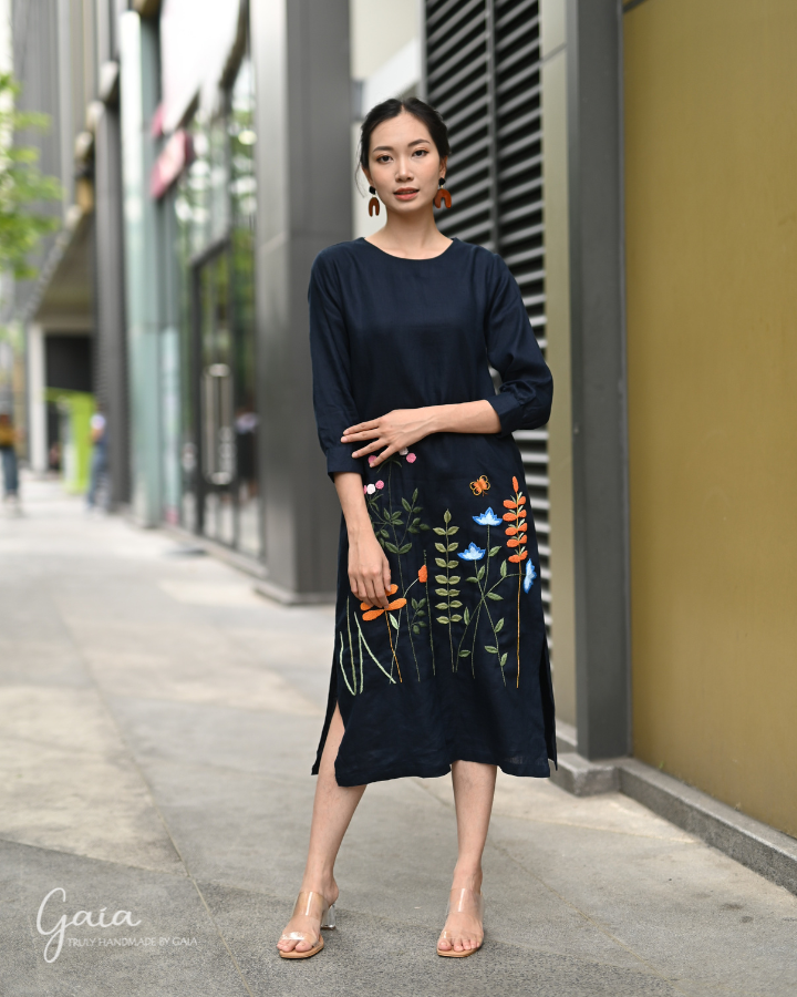 Hand embroidered linen boho dress