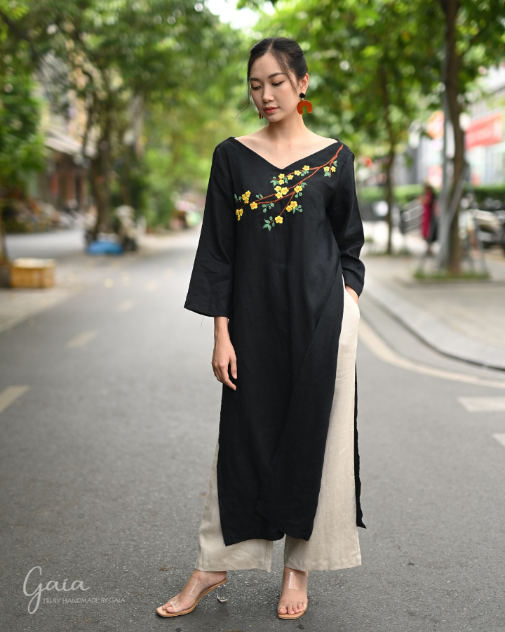 Hand-embroidered linen cultural Vietnamese dress