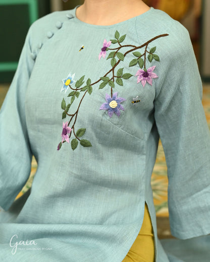 Hand embroidered linen custom Ao Dai