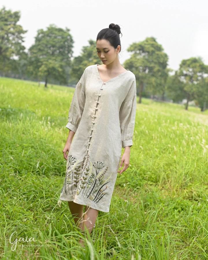 Hand embroidered linen dress with pockets