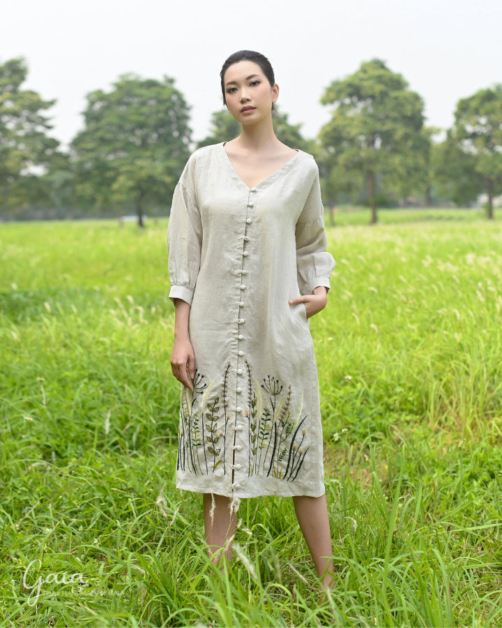 Hand embroidered linen dress with pockets