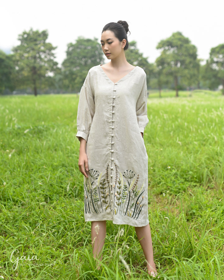 Hand embroidered linen dress with pockets