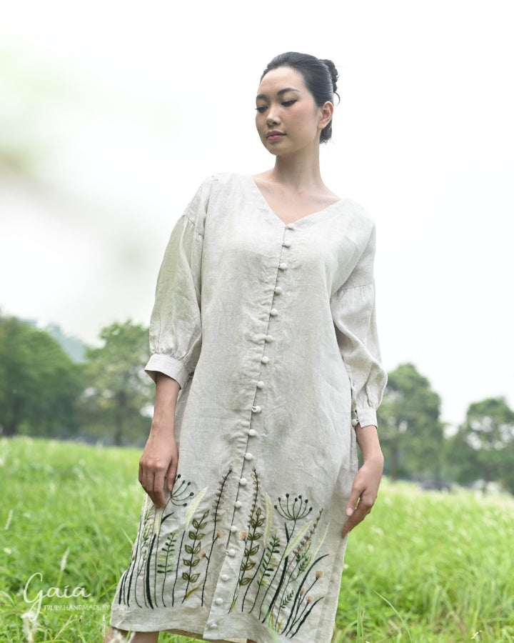 Hand embroidered linen dress with pockets