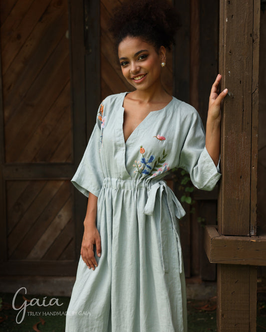 Hand embroidered linen maxi dress