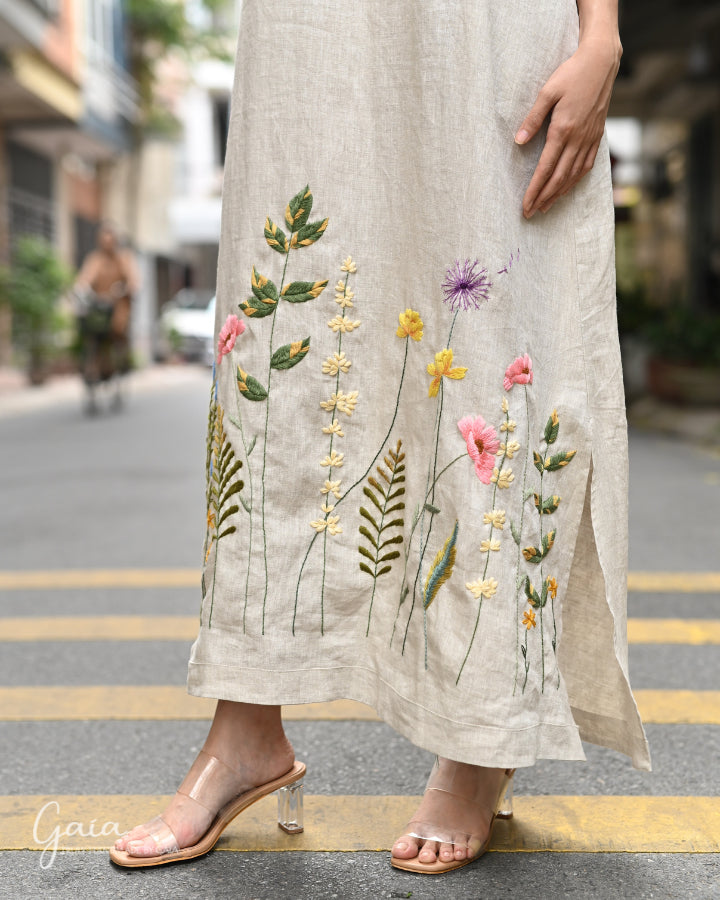 Hand embroidered linen maxi dress long