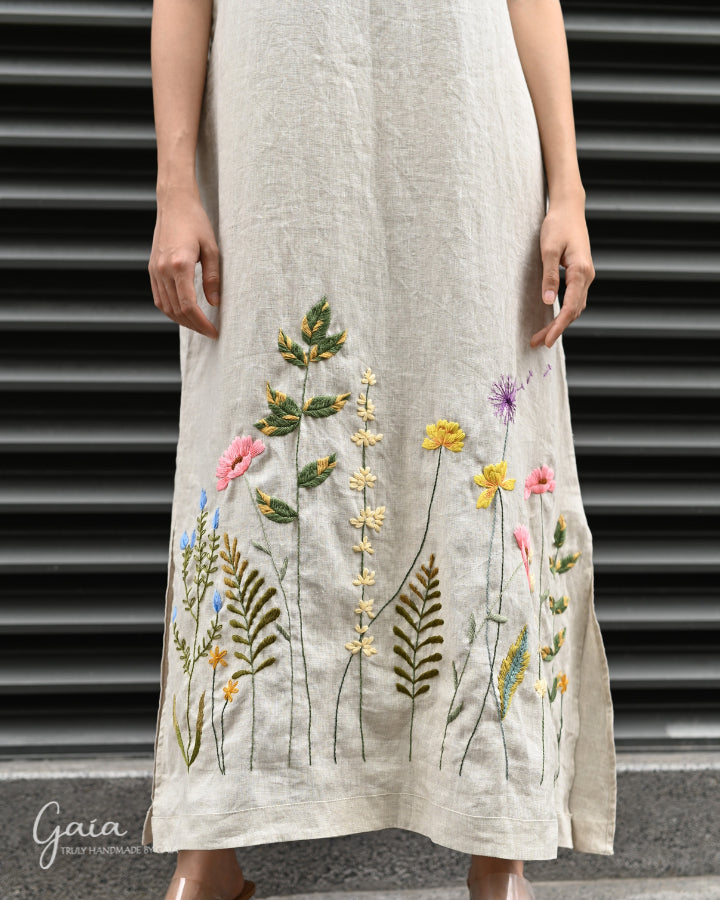 Hand embroidered linen maxi dress long