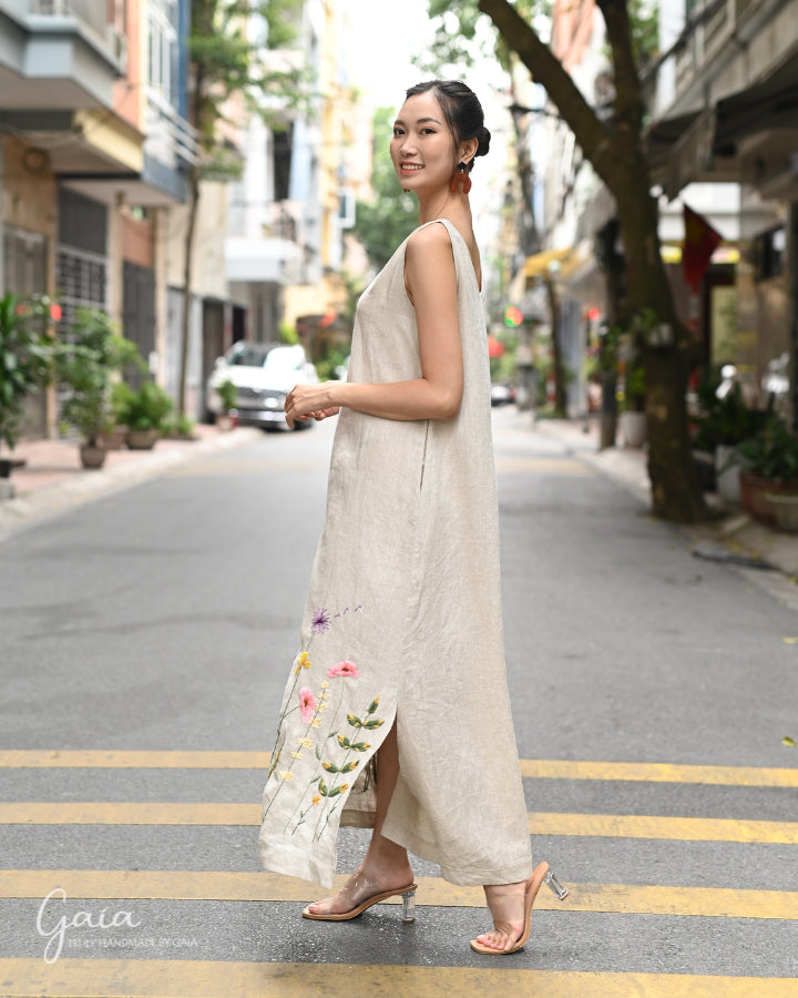 embroidered linen maxi dress Embroidered linen blend maxi dress Blue For Women