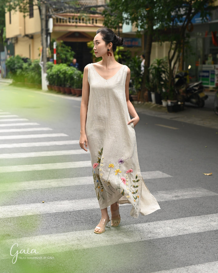 Hand embroidered linen maxi dress long