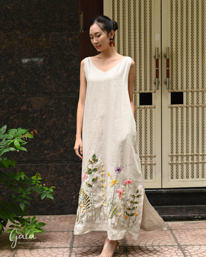 Hand embroidered linen maxi dress long