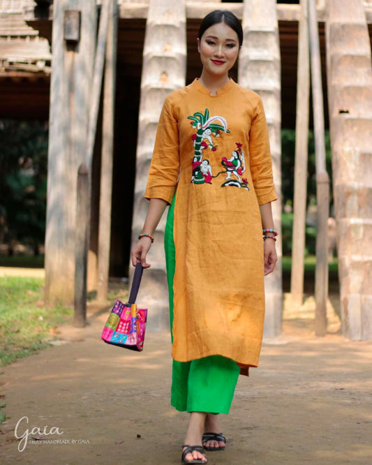 Hand-embroidered linen plus size Vietnamese dress