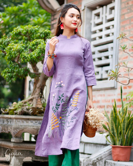 Hand-embroidered linen purple Ao Dai