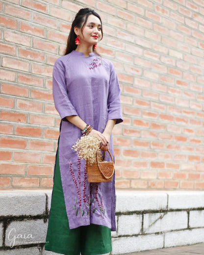 Hand-embroidered linen purple Ao Dai