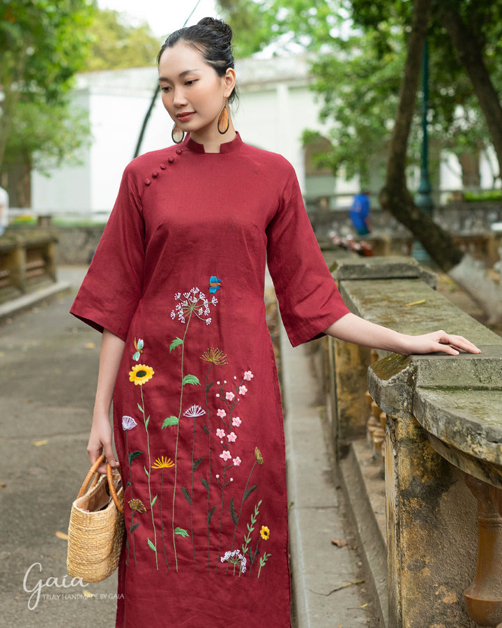 Hand-embroidered linen red Vietnamese dress