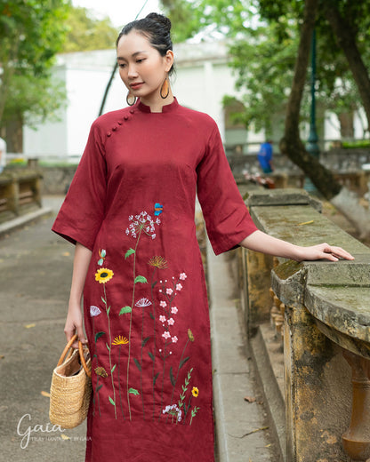 Hand-embroidered linen red Vietnamese dress