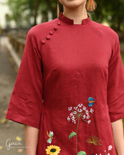 Hand-embroidered linen red Vietnamese dress