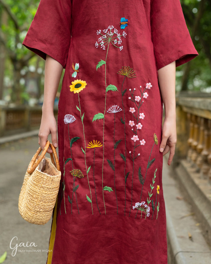 Hand-embroidered linen red Vietnamese dress