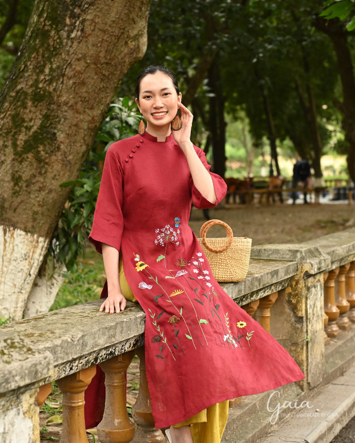 Hand-embroidered linen red Vietnamese dress